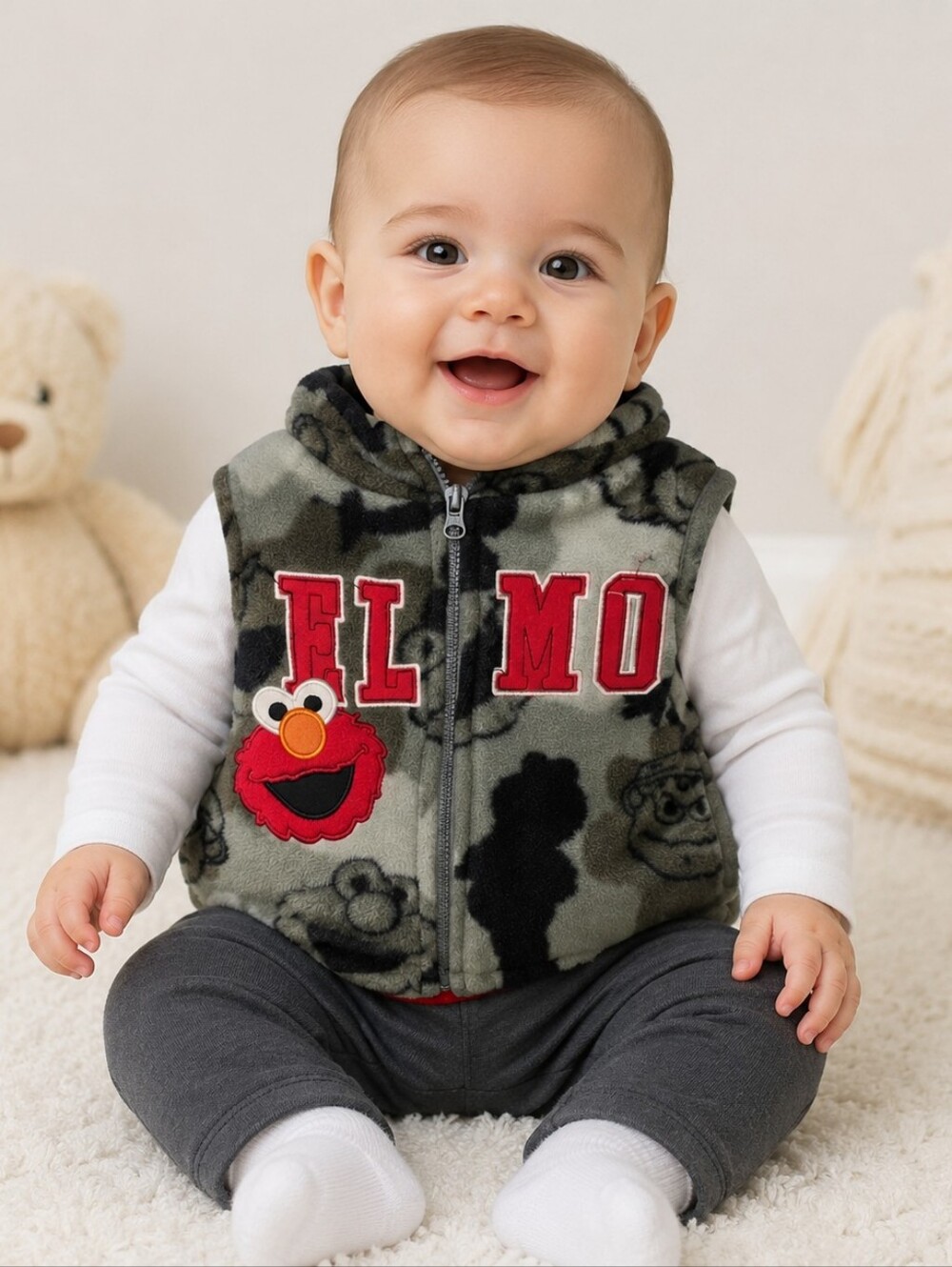 Sesame Street Elmo Baby Fleece Hooded Vest 3-6 Months Camo Zip Up